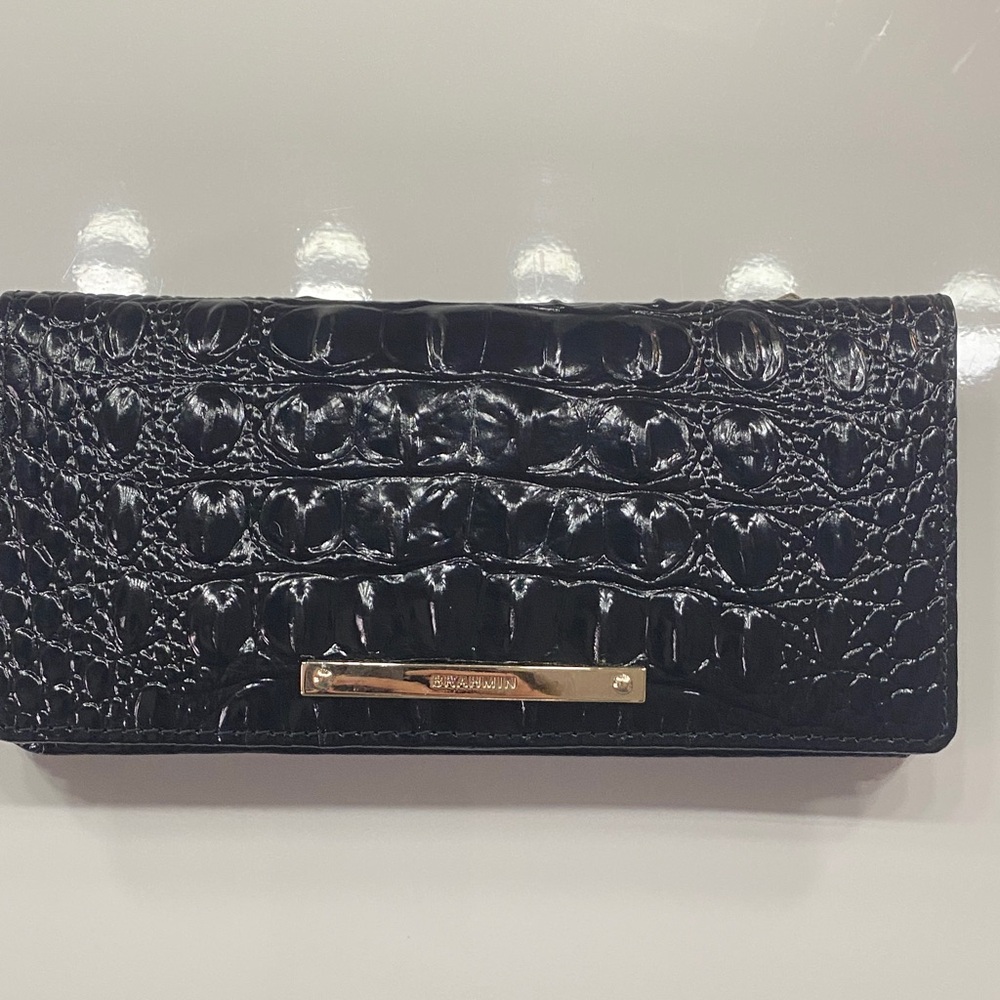 Brahmin Black Croc-Embossed Wallet with Gold Plate